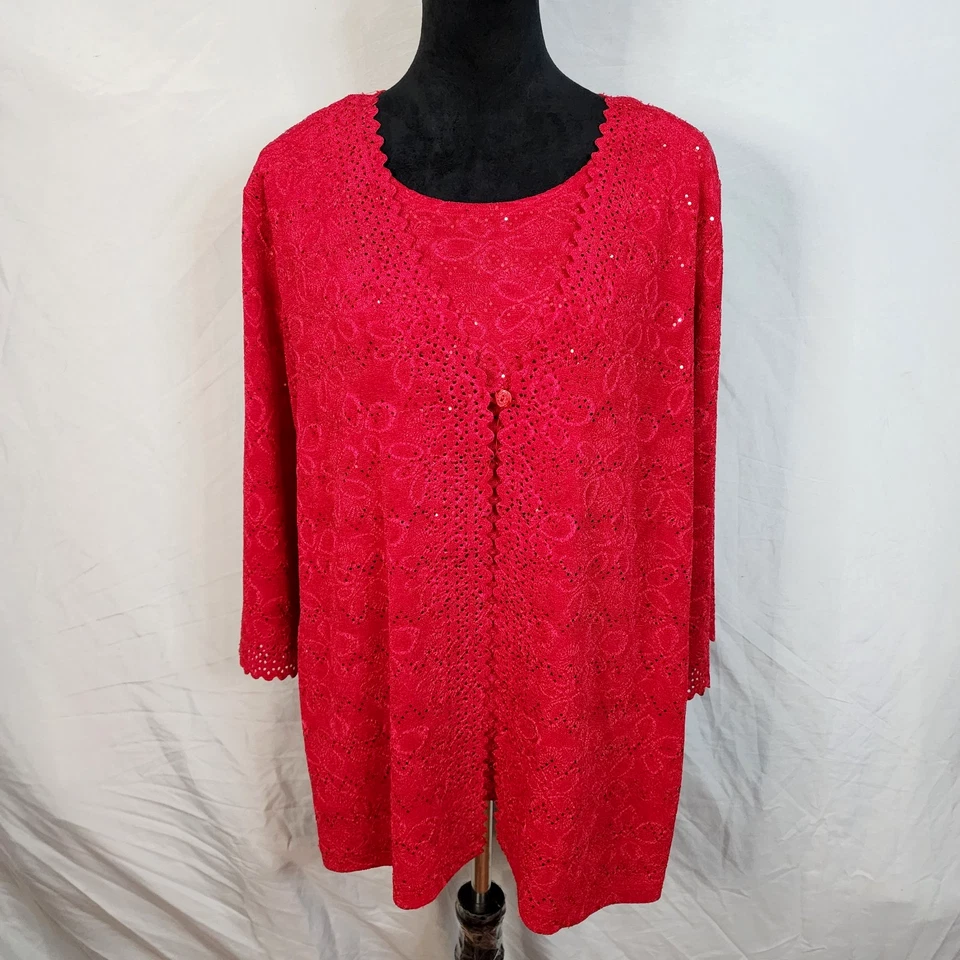 Cárdigan Top Vintage MAGGIE SWEET Talla XL Rojo Corte Láser Brillo Floral Twinset Foto 2 de 4