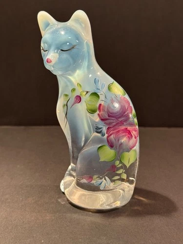 Fenton Art Glass Opalescent Stylized Cat Hand Painted 5" Figurine