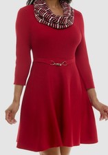 BCX Women's Juniors Red Fit & Flare 2-Piece Knit Sweater Scarf Dress Size S