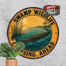 Wild Alligator Warning Plaque 8x8 Round Swamp Crossing Metal Tin Sign