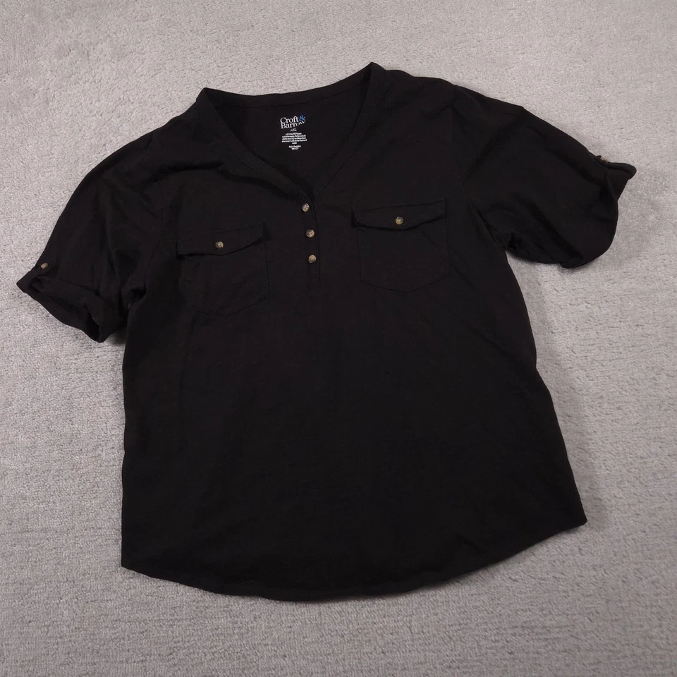 Camisa Croft & Barrow Mujer 2XL Azul Bolsillo Blusa Botón Manga Corta Informal Foto 2 de 4