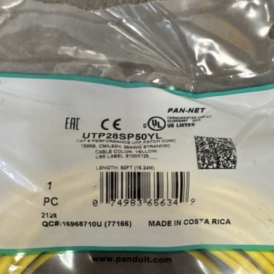 Panduit Cat 6 Ethernet Patch Cable RJ-45 50ft Yellow Round UTP28SP50YL