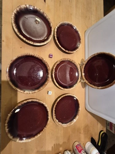 Vtg Hull Brown Drip Glaze Saucers Bread Plates 7 Pc  Set Stoneware Pottery 6.75"