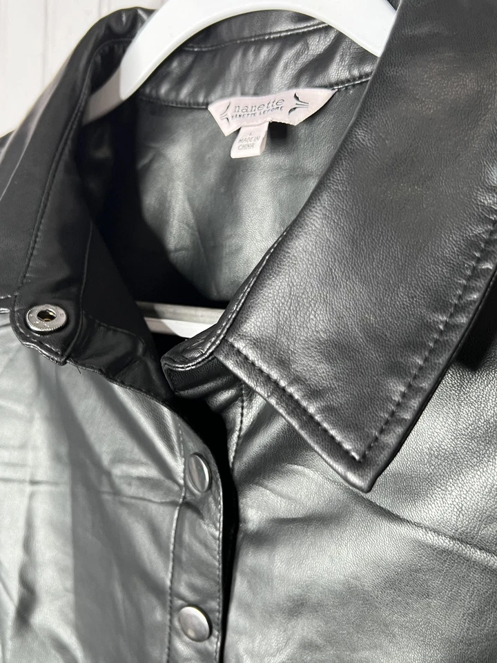 Camisa Nanette Lepore para mujer grande muy negra imitación cuero abotonada nueva con etiquetas Foto 3 de 4