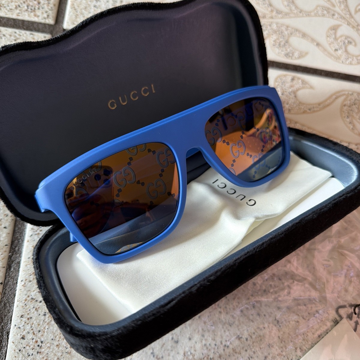 GUCCI 1570 Blue Gold Mirror GG Logo Print Sport Aviator Gg1570S