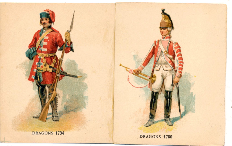 FRANCE: MILITARY UNIFORMS. DRAGONS 1734 & 1780. 2 DIFF VIGNETTES. UDB.