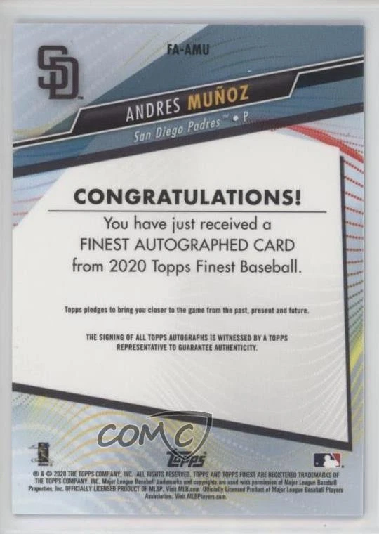 2020 Topps Finest Blue Refractor /150 Andres Munoz #FA-AMU Rookie Auto RC - Image 2 of 2