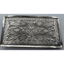 Vintage Western Floral Engraved Belt Buckle Rectangular Silver Tone Metal