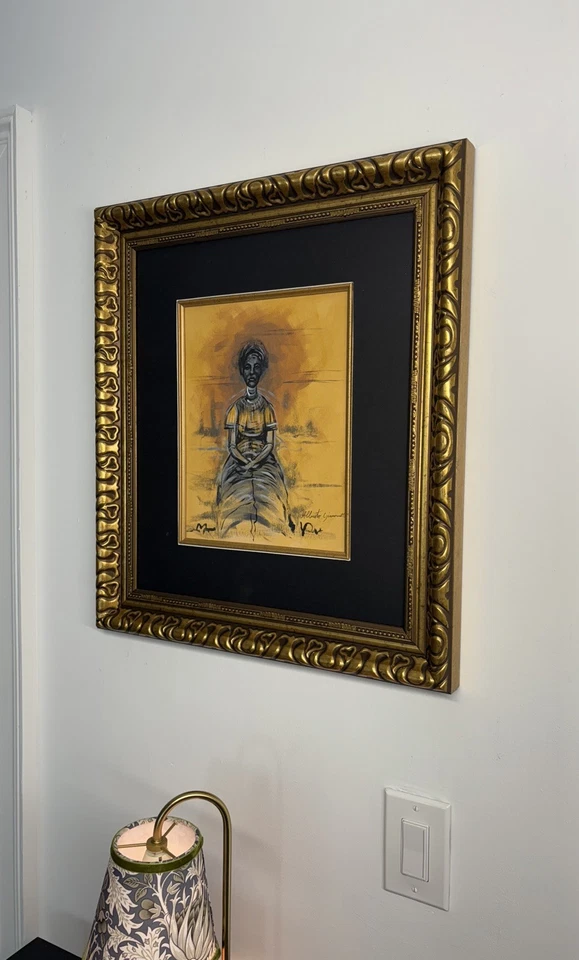 Arte de medios mixtos Alberto Giacometti mate y enmarcado firmado a mano arte atribuido Foto 3 de 4