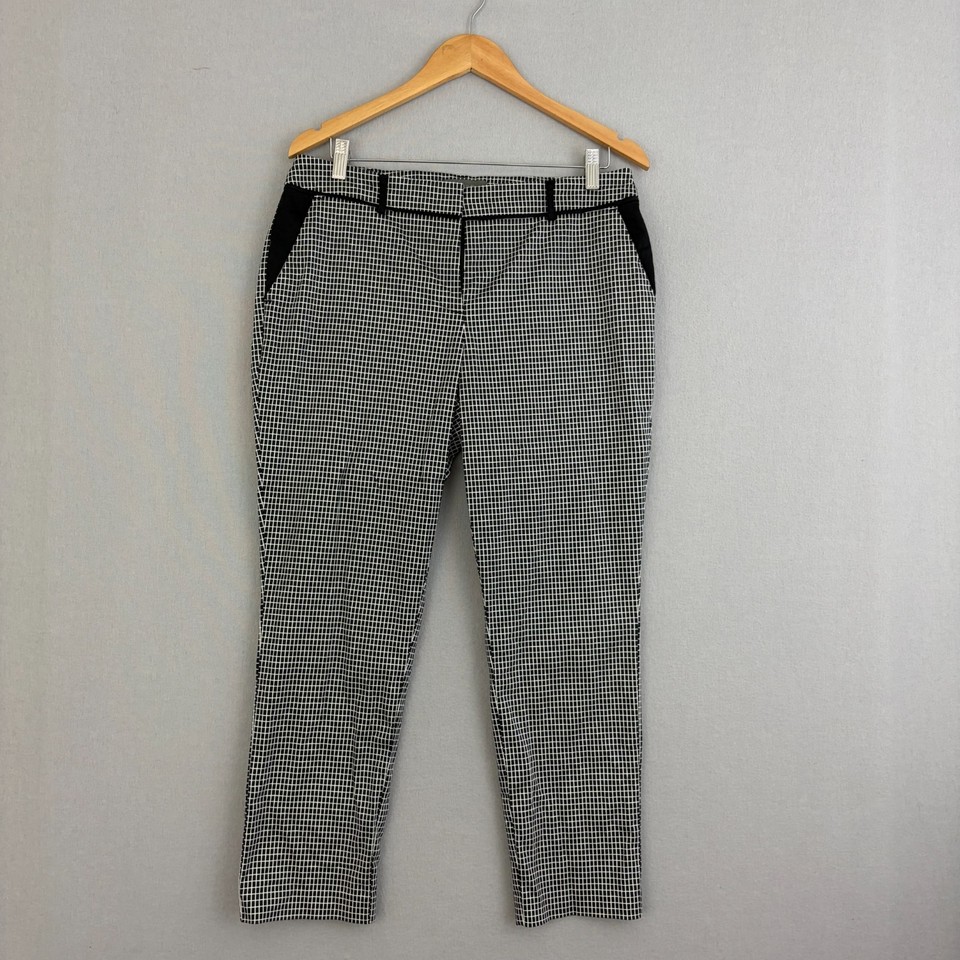 Jacqui E Pants Womens 12 Black White Tapered Check Cropped Stretch Pockets Work