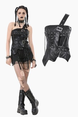 Dark In Love Women Black Gothic Punk Asymmetric Buckled Faux Leather Corset Tops