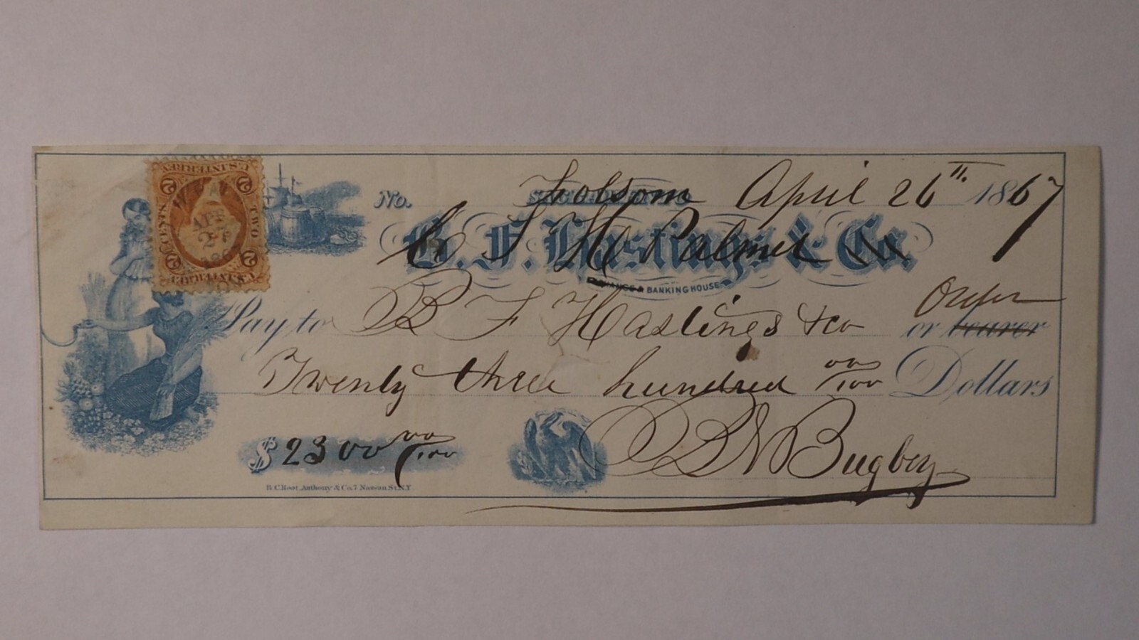 1867 Folsom C.T.H Palmer Revenue Wells Fargo AGT Sacramento Hastings