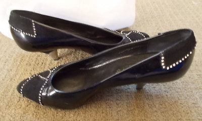 RAYNE Made in Italy Black Sude Leather Heels w/ Rhinestone Crystal Accents Sz 9