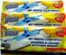 3 SCRUB BUDDIES Wet Sweeper Refills 30 Ct Quilted 10" x 8" Tough SwifferSweeper