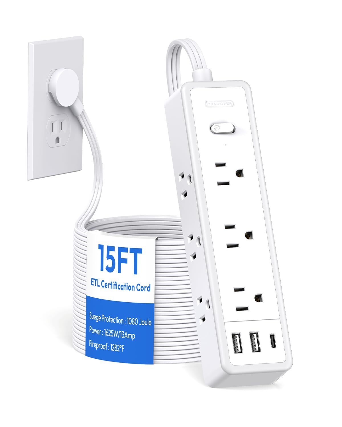 Flat Extension Cord 15 FT Surge Protector Power Strip with 9 Widely Outlets a...-image