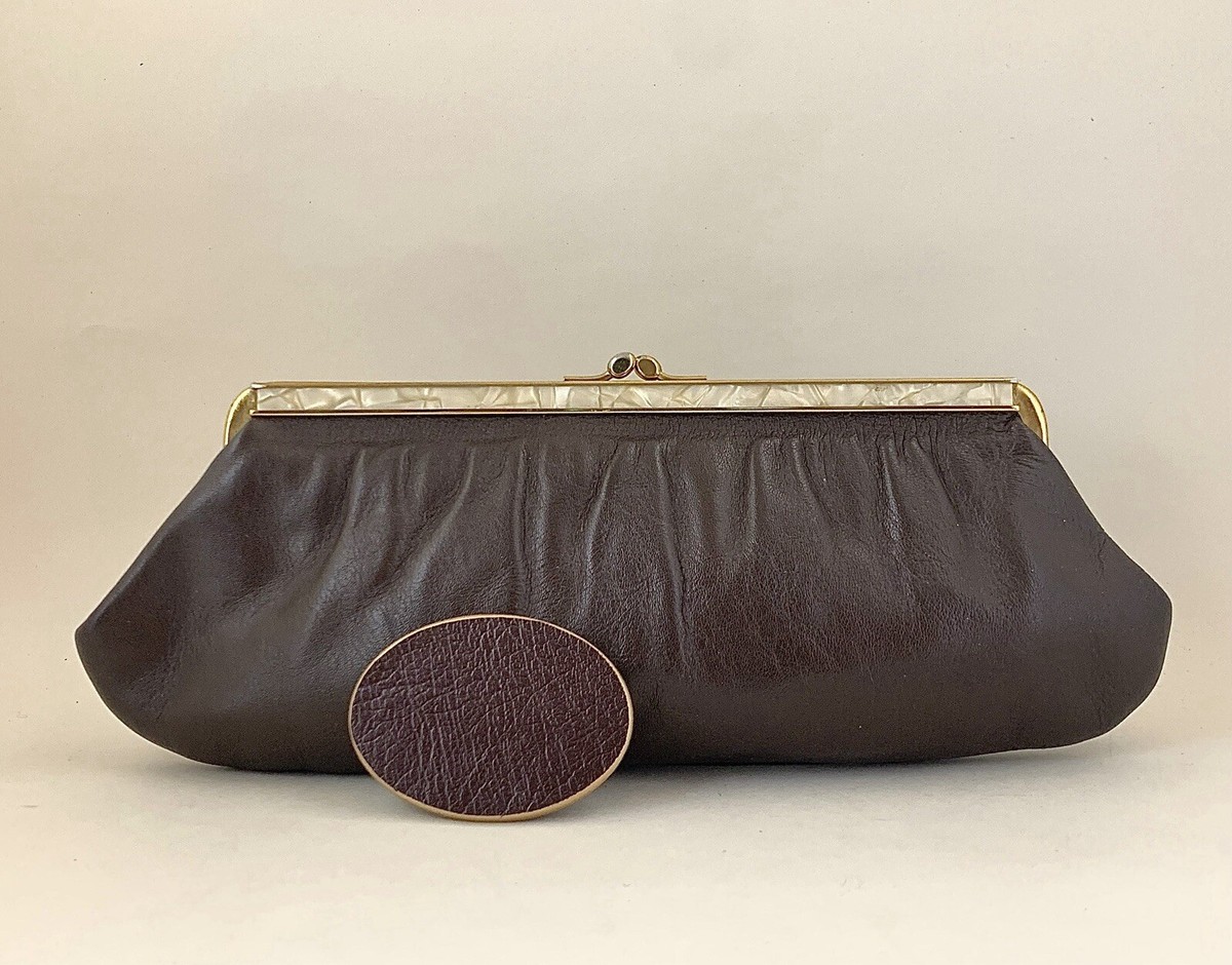 Widegate Vintage 1950s Brown Leather Clutch Bag Fabric Lining Kiss Clasp  Mirror