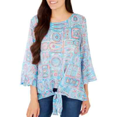 Juniper + Lime Tie Front Blouse Blue Pastel Large Flowy Artsy Boho Coastal Top
