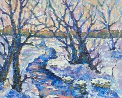 Winter Landscape Forest Frozen Lake Snow Tree Nature Oil Painting Canvas 24x30in