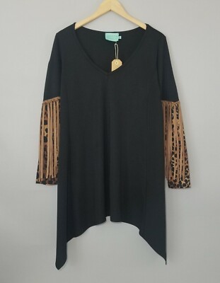 Judith March Small Black Leopard Print Fringe Bell Sleeve Tunic Hippy Top  NEW