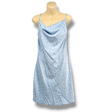 NEW Forever 21 Women's Spotted Satin Drape Neck Spaghetti Strap Mini Dress Blue