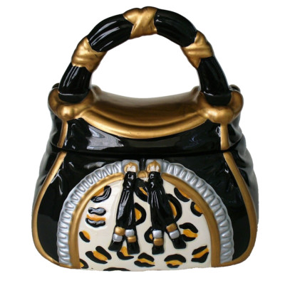 New~EMBOSSED~David's Cookies~CERAMIC~Cookie Jar~LEOPARD~Black&Gold~HANDBAG~Label