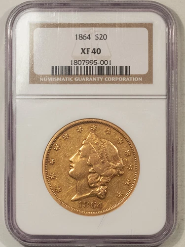 1864 TY 1 NO MOTTO $20 LIBERTY GOLD DOUBLE EAGLE - NGC XF-40 RARE CIVIL WAR DATE