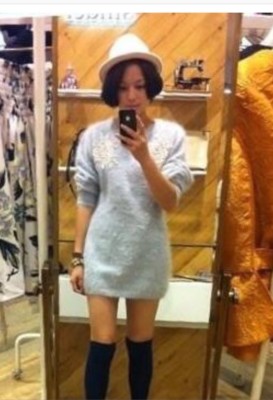 Japanese-Women's Angora Long Sweater-Pearls Stud Embellishment-Blue-XS/S