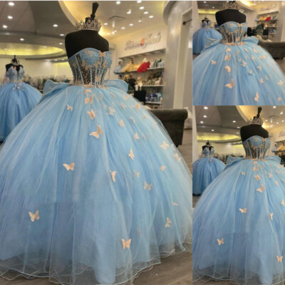 Sky Blue Quinceanera Dresses Ball Gown 3D Flowers Beaded Sweet 16 Prom Party