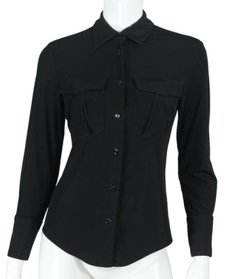TOM FORD Black Micro-Ribbed Sateen Jersey Collared Button-Front Blouse 36