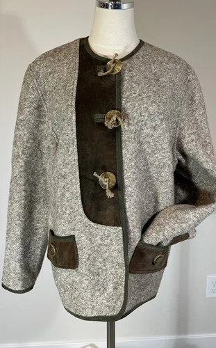 Sigi Scheiber Coat Jacket Wool Leather Bone Trachten Loden Tyrol Austrian Sz 40
