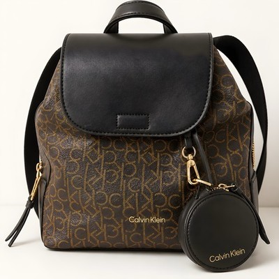 Calvin Klein Brown/Black Monogram Backpack Top Handle Zip Adjustable Strap Charm