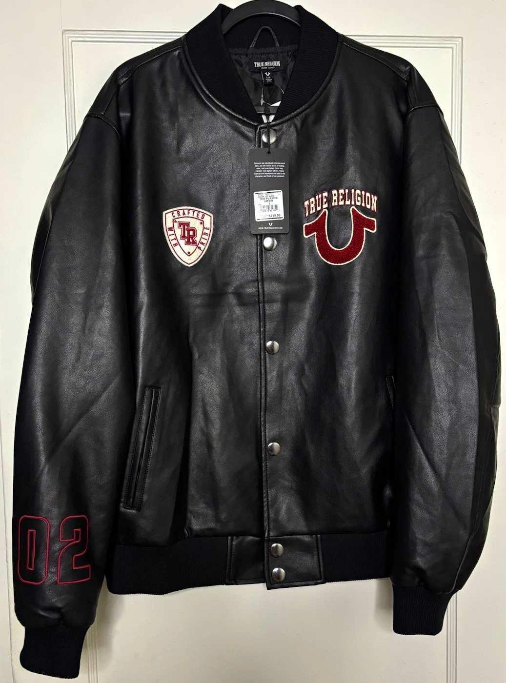 True Religion Men's Black Varsity Jacket PU Leather Snap Embroidered Logo L - product detail image 1