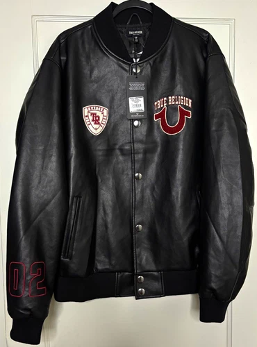 True Religion Men's Black Varsity Jacket PU Leather Snap Embroidered Logo L - product listing photo
