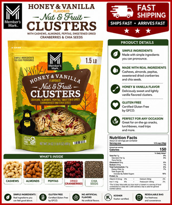 Member's Mark Honey Vanilla Nut & Fruit Clusters 24 oz Bag   Healthy Snack Mix.