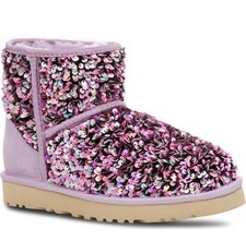 NIB UGG Mini Classic Stellar Sequin Boots Lilac Frost Suede Sz 5