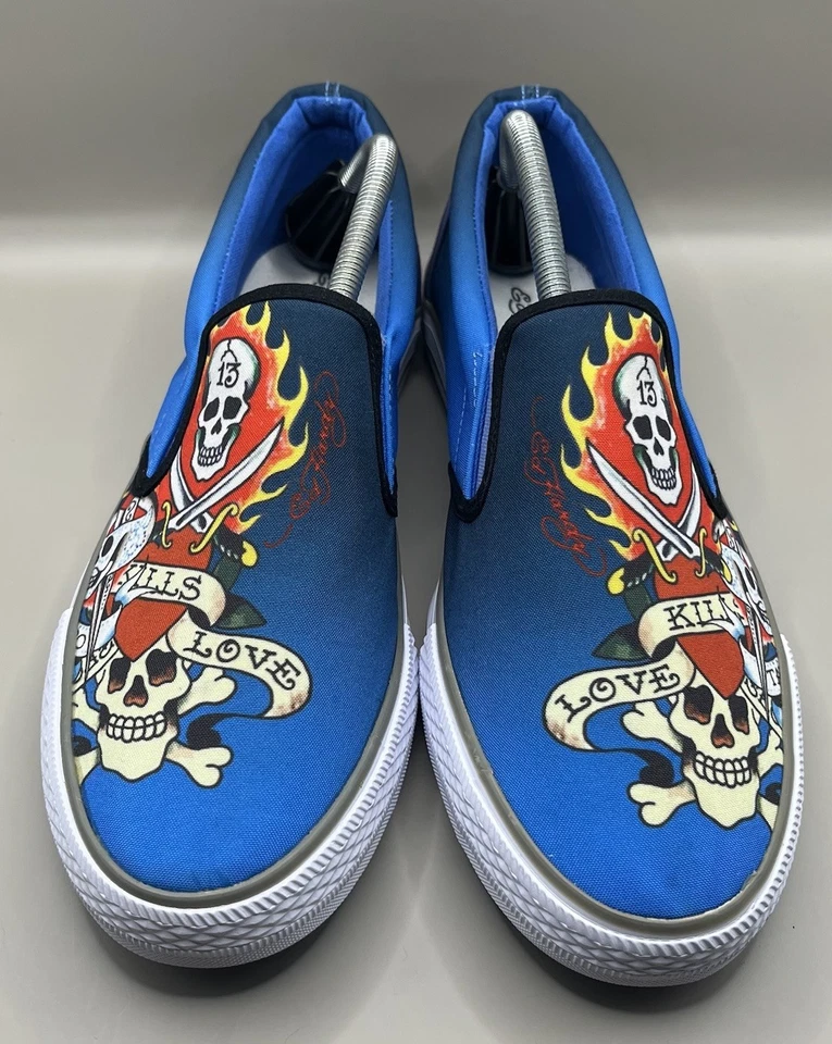 Ed Hardy Low Top Canvas Slip On Skull Blue Love Kills Slowly Shoes Men Size 9.5 - Image 3 of 4