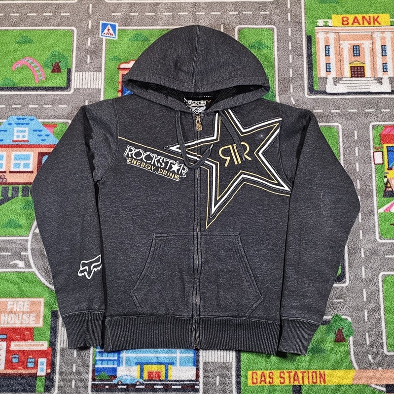 Vintage Fox racing x rockstar energy faux fur lined zip up hoodie
