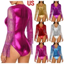 US Women Shiny Rave Dance Bodysuit Sequin Tassel V Neck Mesh Long Sleeve Leotard