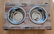 Wooden Elevated Dog Bowl Pet Feeder Stainless Steel Raised Food Water Stand 13X4