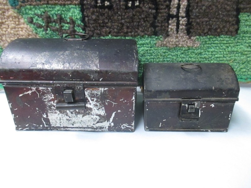 2 Antique Domed Tin Metal Chests Small Primitive Cash Graduated Box c. 1890–1920
