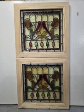 ANTIQUE ENGLISH STAINED GLASS WINDOW PAIR