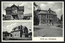 Vieselbach, Ansichtskarte, Gasthaus zur Krone, Bahnhof, Sparkasse 