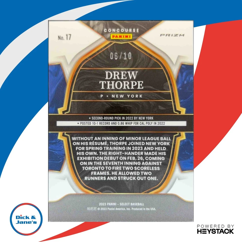 2023 Panini Select Drew Thorpe Gold Flash Prizm 1/10 Concourse New York Yankees - Image 2 of 4