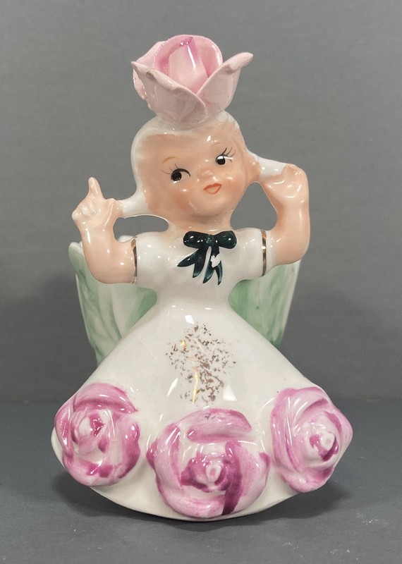 1958 Napco Pink Rose Flower Girl Bobby Pin Holder