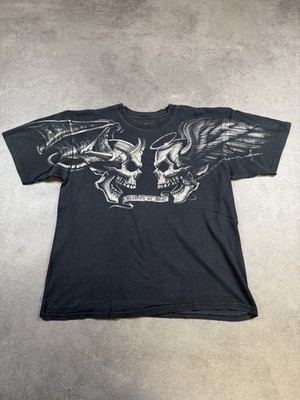 VINTAGE 2000S LIQUID BLUE SKULL BIKER PRINT T-SHIRT SCHWARZ GR. XL