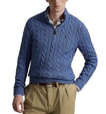  150 Polo Ralph Lauren Men Cable-Knit Cotton Quarter-Zip Sweater Blue Heather L
