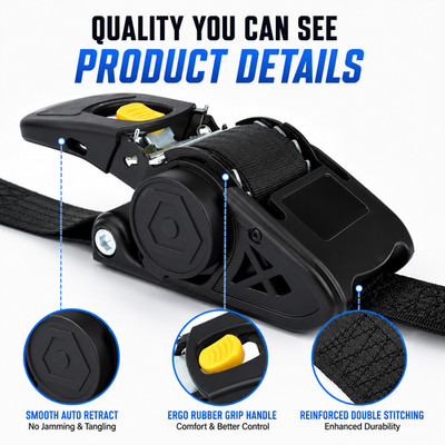 2 Inch Retractable Ratchet Straps Heavy Duty Trailer Tie Down Straps