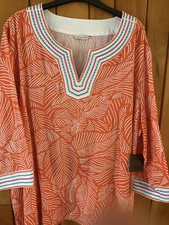 John Mark Women’s Leaf Print 1X Split Neck 3/4 Sleeve Tunic Top Orange