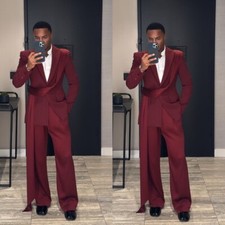 2 Pcs Burgundy Men's Suits With Belt Fashion Party Prom Formal TuxedosMen Blazer