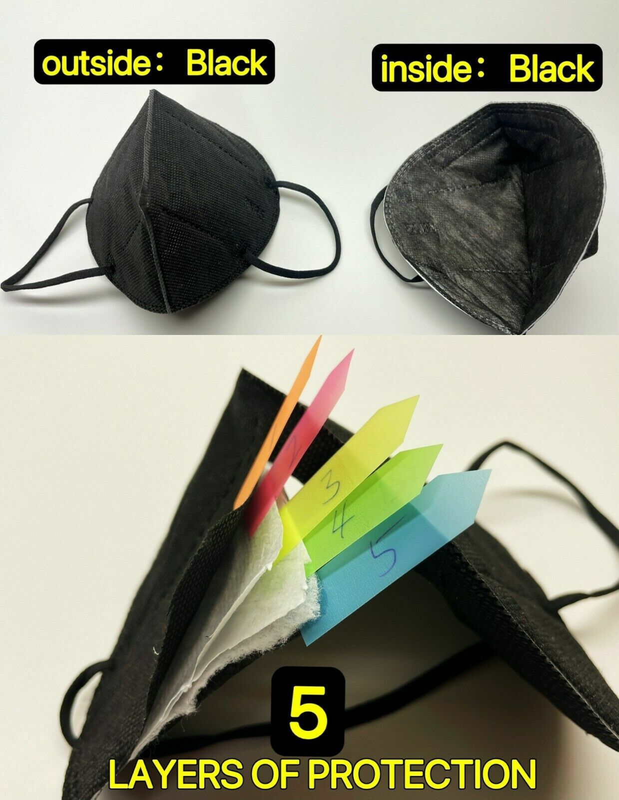 10/50 Pcs Black KN95 Protective 5 Layer Kids Face Mask BFE 95